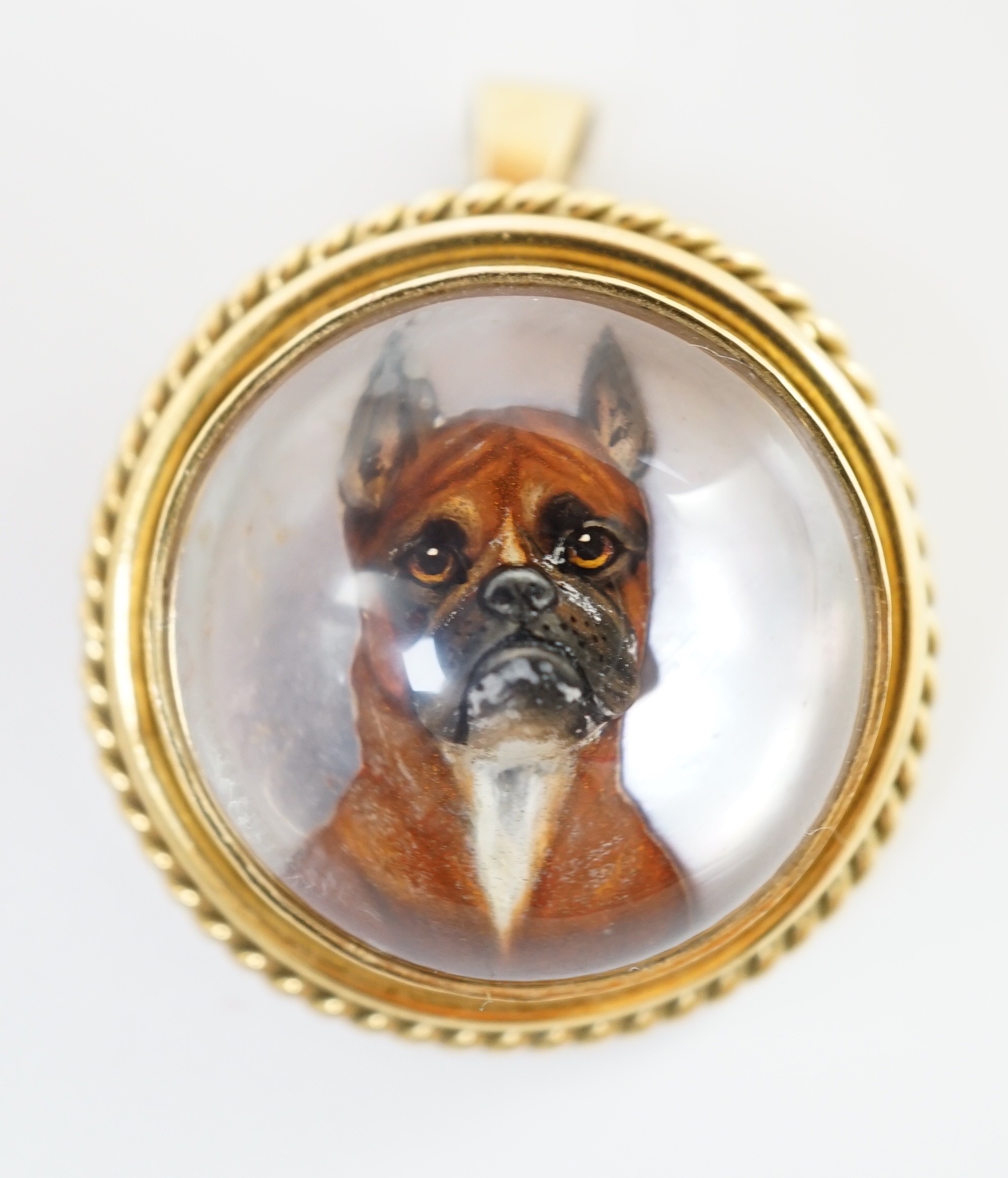 A Victorian gold mounted Essex crystal pendant brooch, decorated with head of a boxer dog